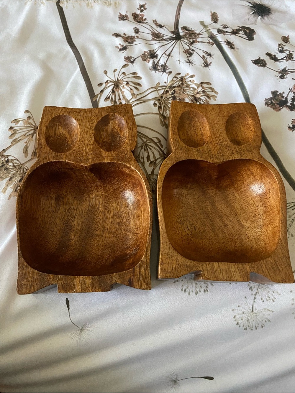 Hand-Carved Wooden Owl Serving Bowls - Brown